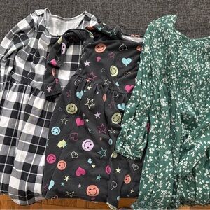 Three long sleeve dresses, checkers, smile faces and floral size 7/8